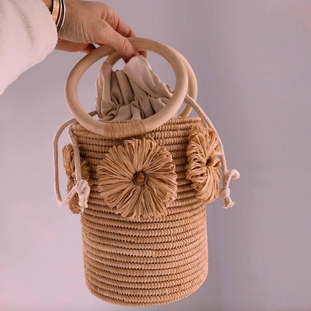 Poolside Raffia-Trimmed Straw Bucket Bag - Picture 1 of 14